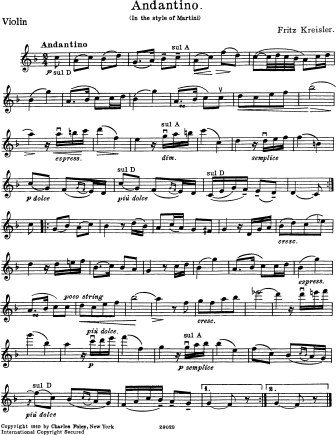 Andantino in the Style of Martini - Violin Sheet Music by Kreisler