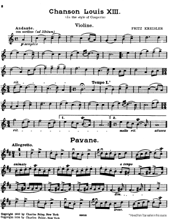 Chanson Louis XIII and Pavane - Violin Sheet Music by Kreisler