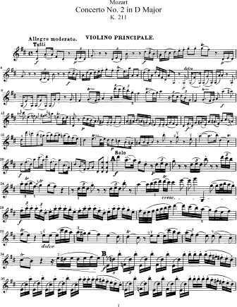 Violin Concerto No. 2 in D major, K. 211 - Violin Sheet Music by Mozart