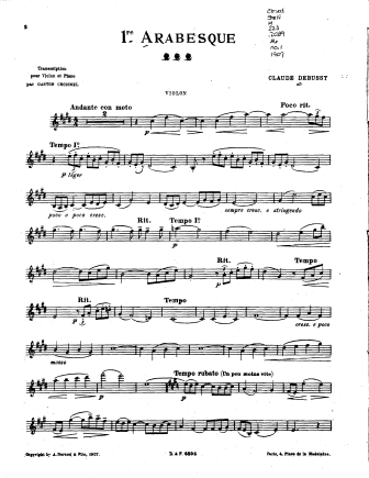 Arabesque 1 - originally for piano - Violin Sheet Music by Debussy