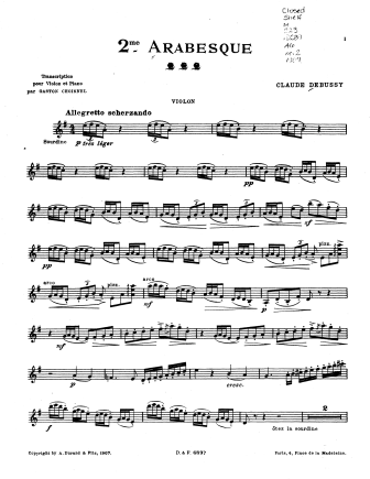 Arabesque 2 - originally for piano - Violin Sheet Music by Debussy