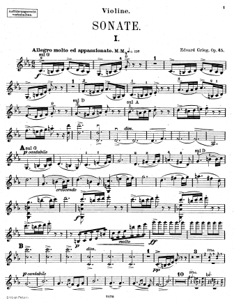 Violin Sonata No. 3 in C Minor, Op. 45 - Violin Sheet Music by Grieg