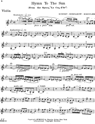 Hymn to the Sun (from Rimsky-Korsakov's opera The Golden Cockerel) - Violin Sheet Music by Kreisler
