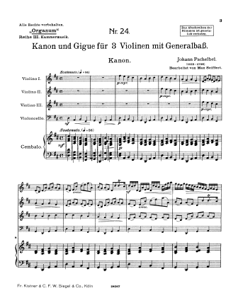 Canon and Gigue in D major for Three Violins and Continuo - Violin Sheet Music by Pachelbel