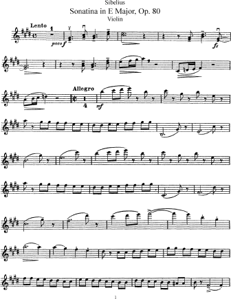 Violin Sonatina in E Major, Op. 80 - Violin Sheet Music by Sibelius